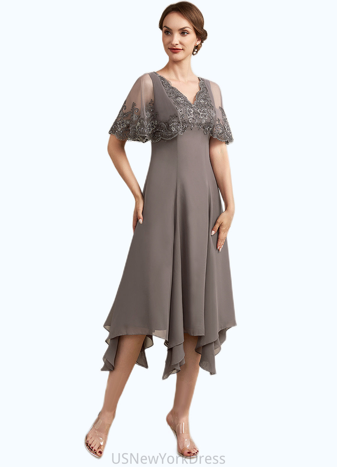 London A-Line V-neck Tea-Length Chiffon Lace Mother of the Bride Dress With Beading Sequins DJ126P0014852