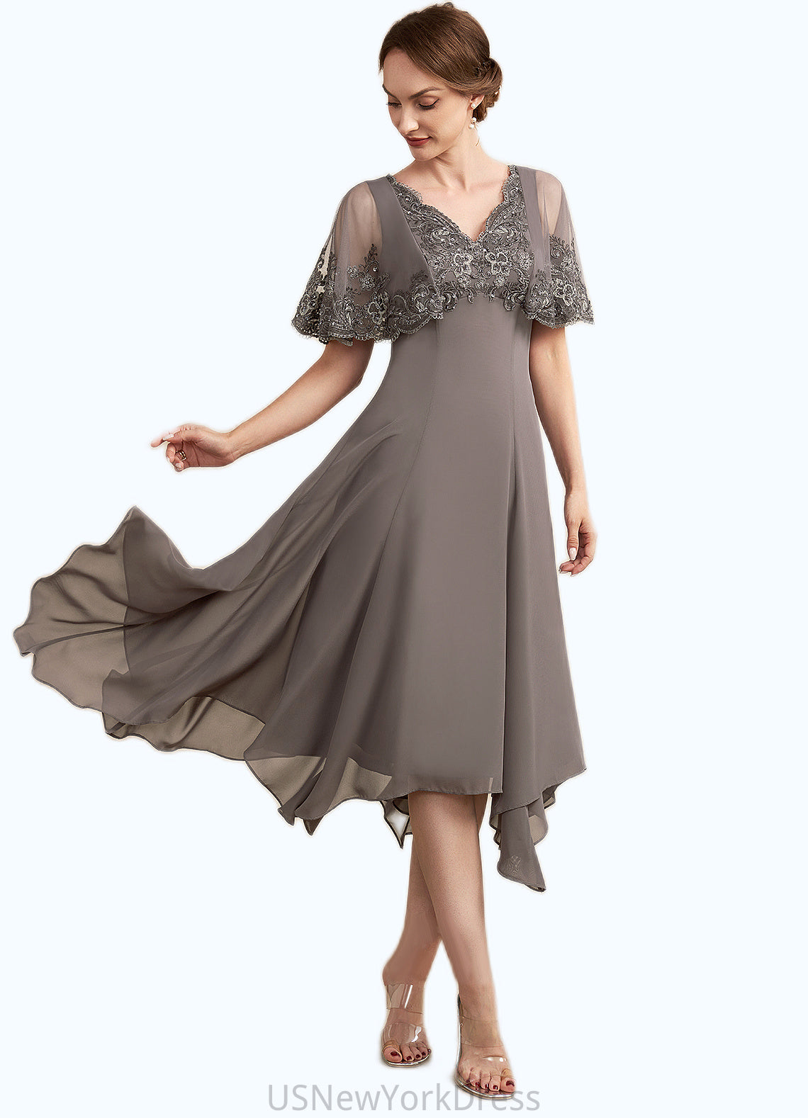 London A-Line V-neck Tea-Length Chiffon Lace Mother of the Bride Dress With Beading Sequins DJ126P0014852