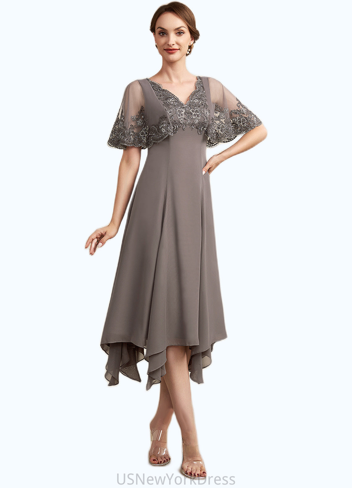 London A-Line V-neck Tea-Length Chiffon Lace Mother of the Bride Dress With Beading Sequins DJ126P0014852