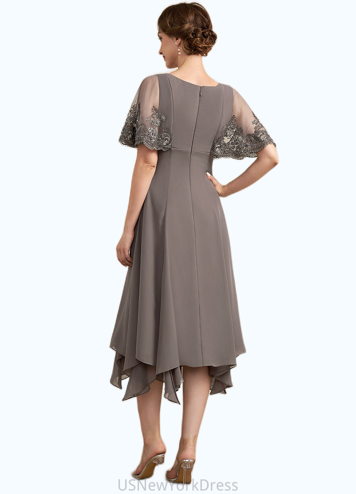 London A-Line V-neck Tea-Length Chiffon Lace Mother of the Bride Dress With Beading Sequins DJ126P0014852