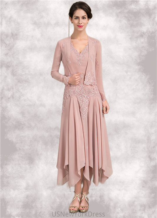 Naomi A-Line V-neck Ankle-Length Chiffon Mother of the Bride Dress With Appliques Lace Sequins DJ126P0014855