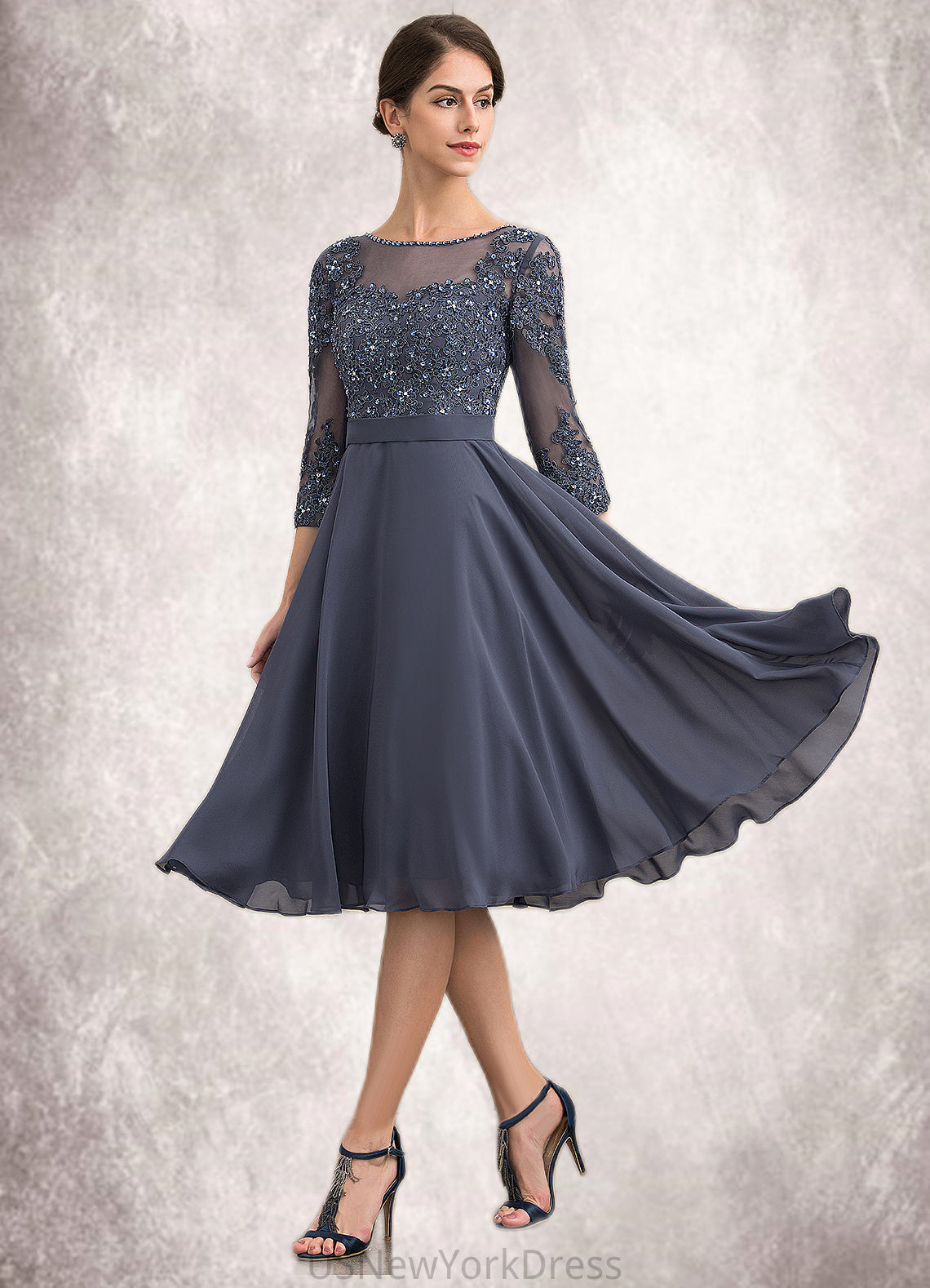 Ingrid A-Line Scoop Neck Knee-Length Chiffon Lace Mother of the Bride Dress With Beading Sequins DJ126P0014861