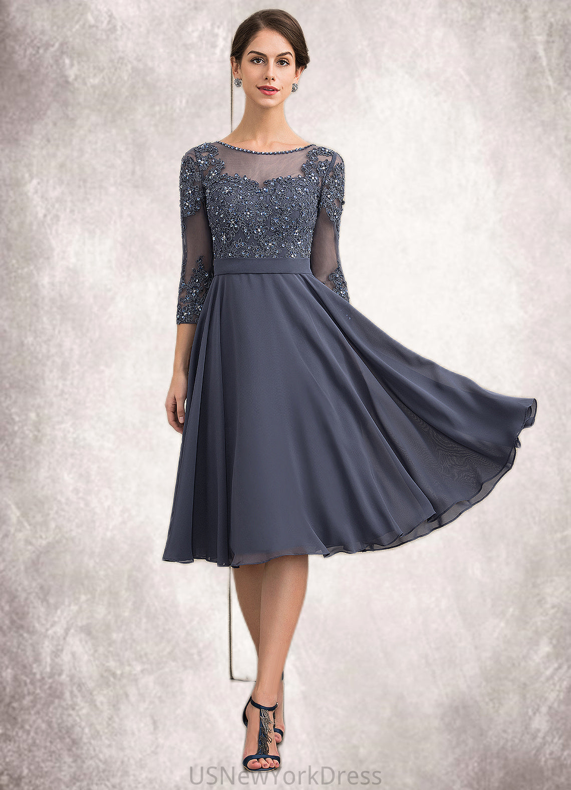 Ingrid A-Line Scoop Neck Knee-Length Chiffon Lace Mother of the Bride Dress With Beading Sequins DJ126P0014861