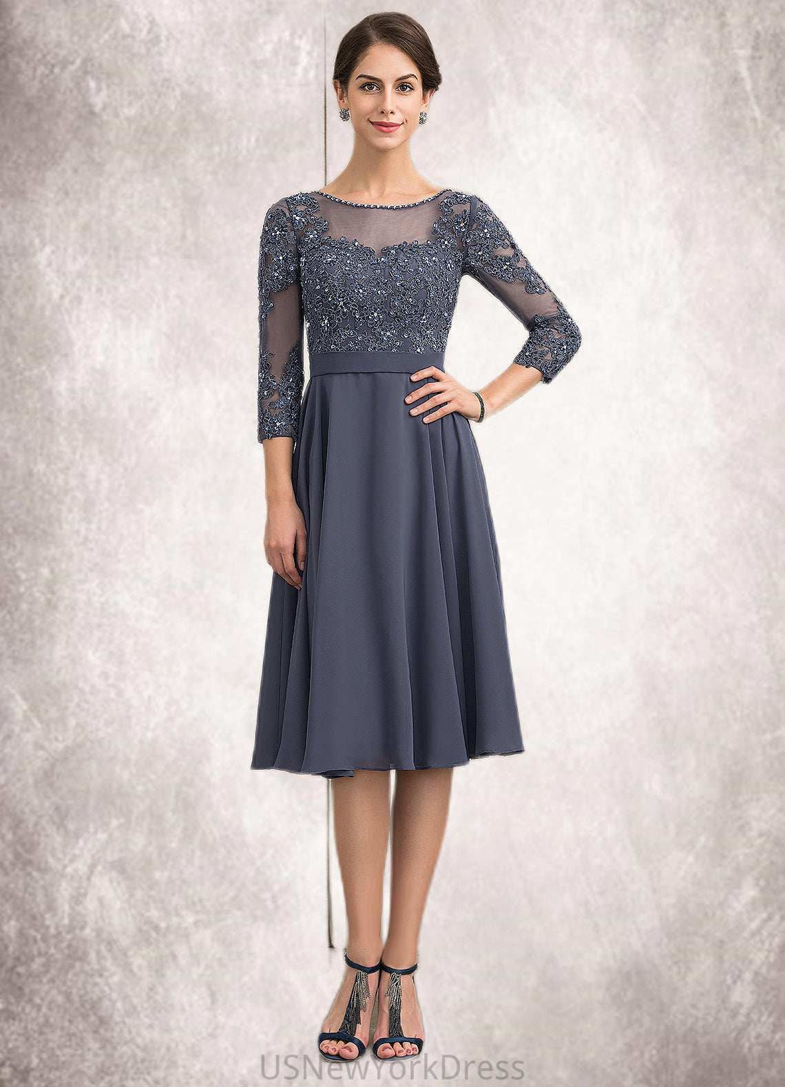 Ingrid A-Line Scoop Neck Knee-Length Chiffon Lace Mother of the Bride Dress With Beading Sequins DJ126P0014861