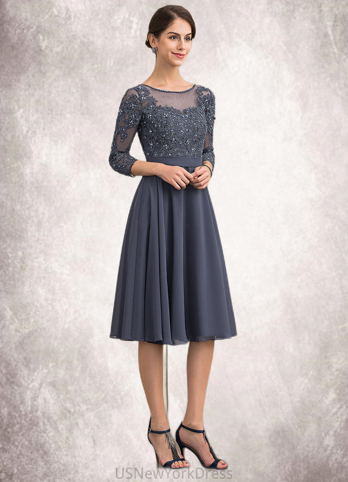 Ingrid A-Line Scoop Neck Knee-Length Chiffon Lace Mother of the Bride Dress With Beading Sequins DJ126P0014861