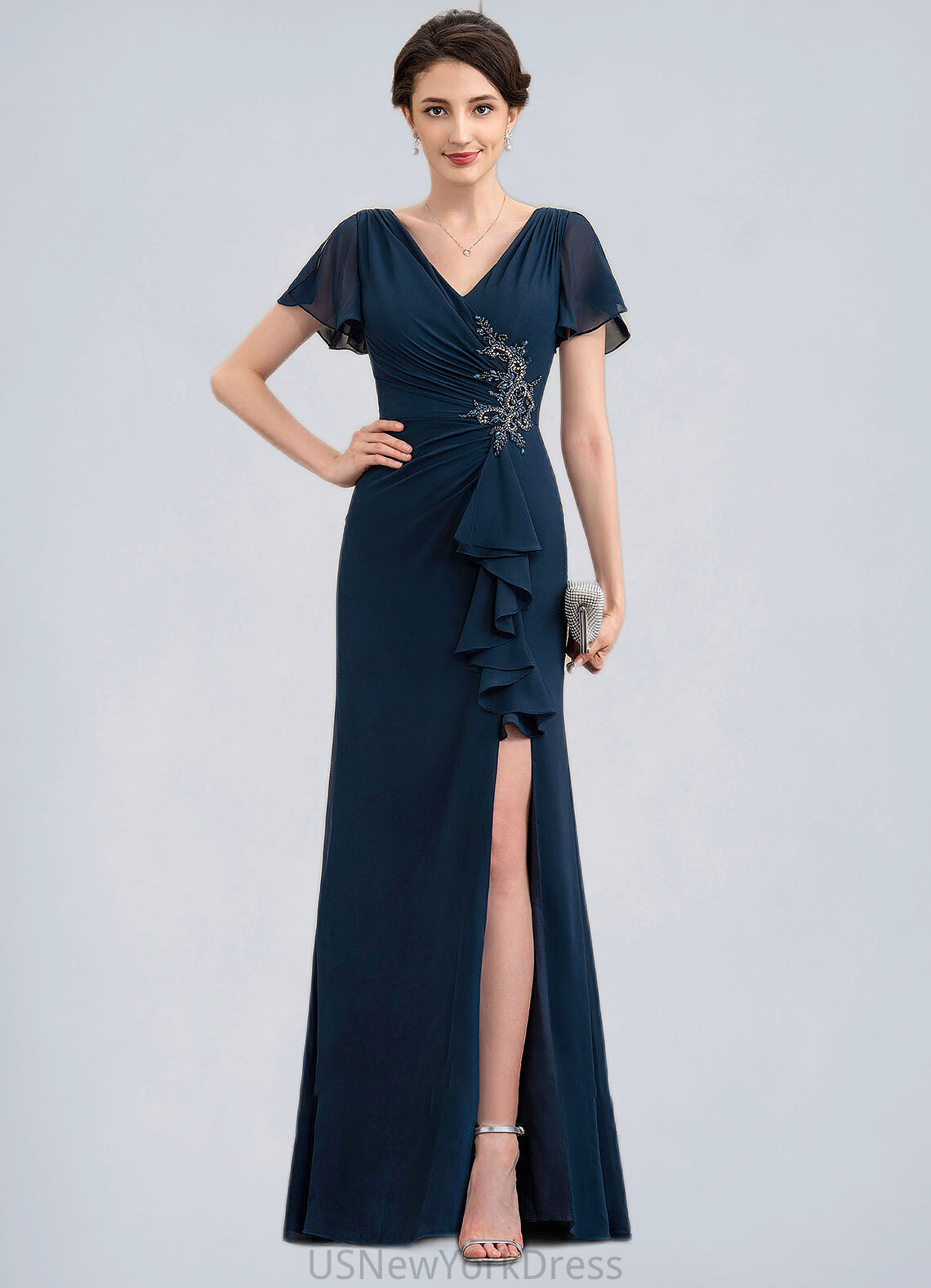 Bella Sheath/Column V-neck Floor-Length Chiffon Mother of the Bride Dress With Beading Split Front Cascading Ruffles DJ126P0014868