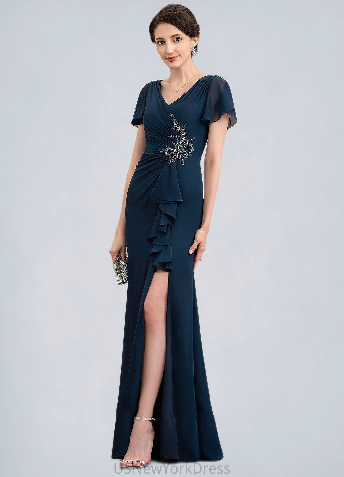 Bella Sheath/Column V-neck Floor-Length Chiffon Mother of the Bride Dress With Beading Split Front Cascading Ruffles DJ126P0014868