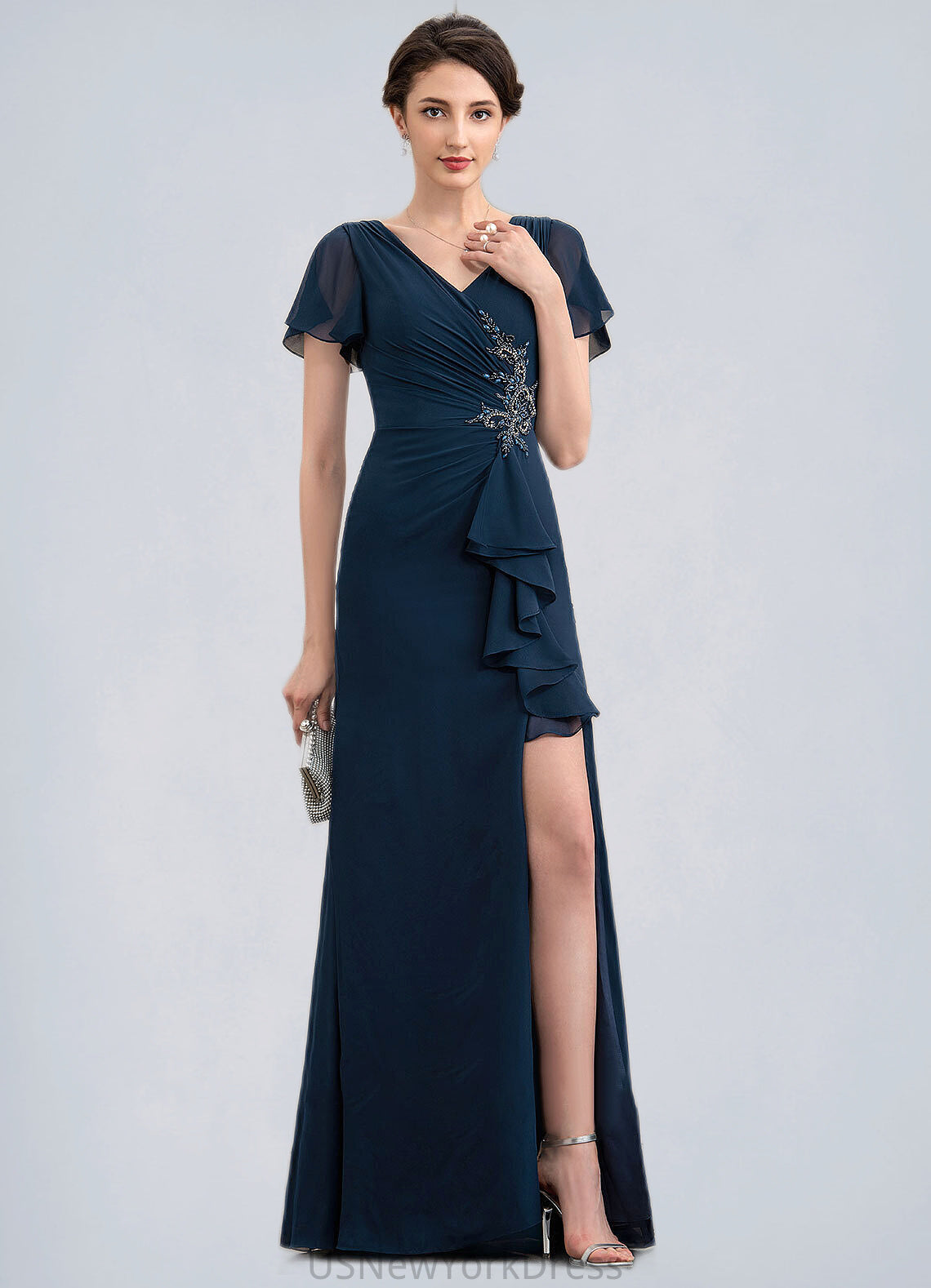 Bella Sheath/Column V-neck Floor-Length Chiffon Mother of the Bride Dress With Beading Split Front Cascading Ruffles DJ126P0014868