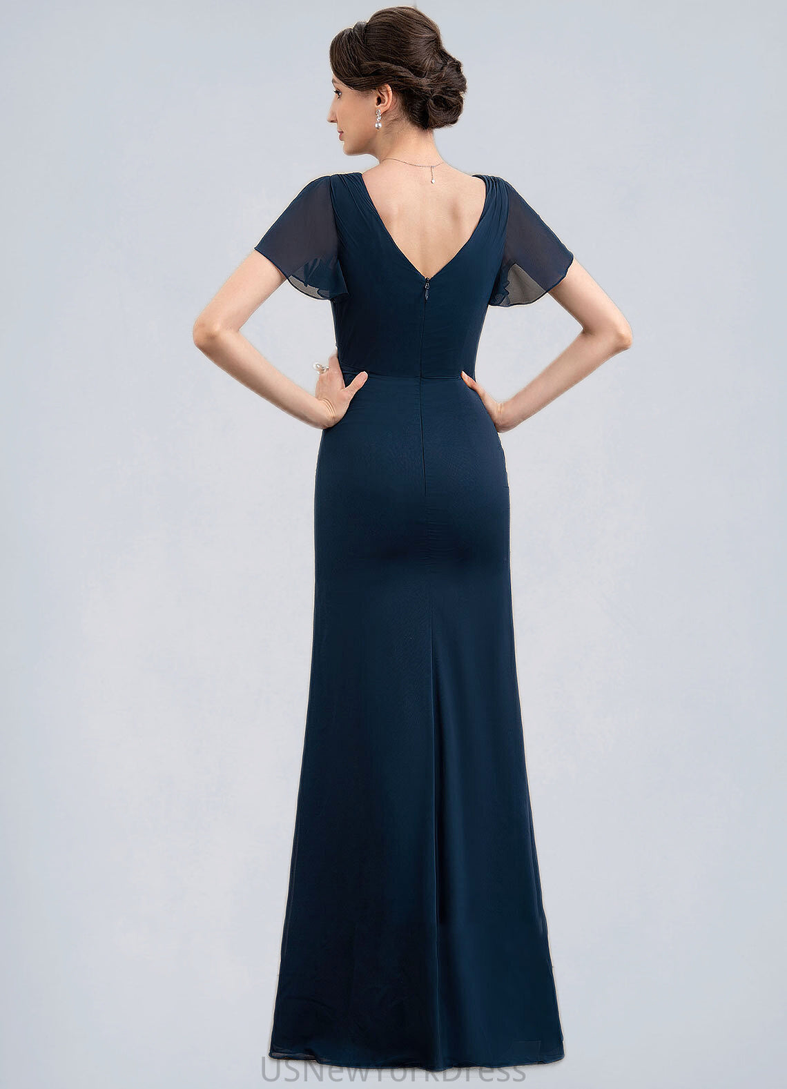 Bella Sheath/Column V-neck Floor-Length Chiffon Mother of the Bride Dress With Beading Split Front Cascading Ruffles DJ126P0014868