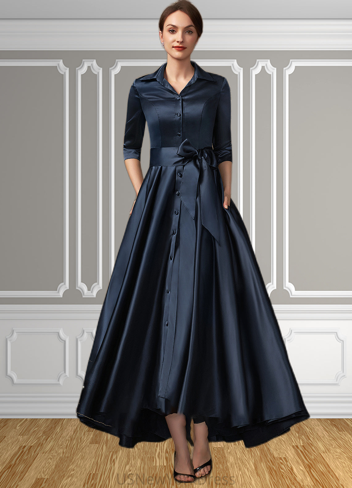 Hazel A-Line V-neck Asymmetrical Satin Mother of the Bride Dress With Bow(s) Pockets DJ126P0014879