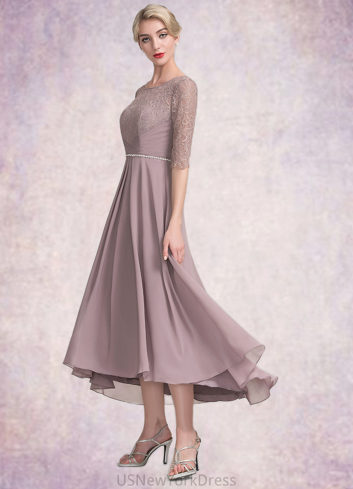 Haven A-Line Scoop Neck Asymmetrical Chiffon Lace Mother of the Bride Dress With Beading DJ126P0014885