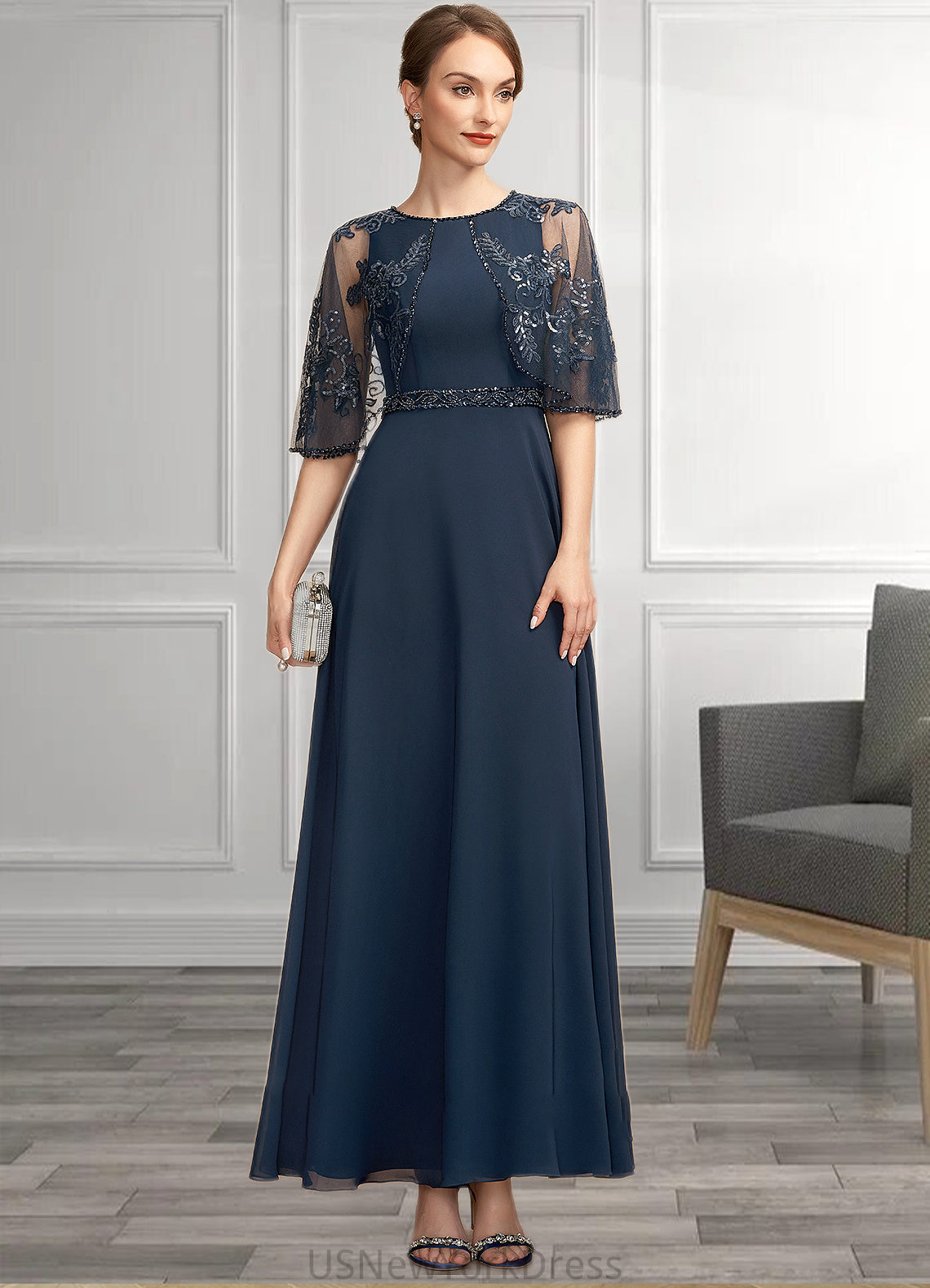 Libby A-Line Scoop Neck Ankle-Length Chiffon Lace Mother of the Bride Dress With Beading Sequins DJ126P0014892