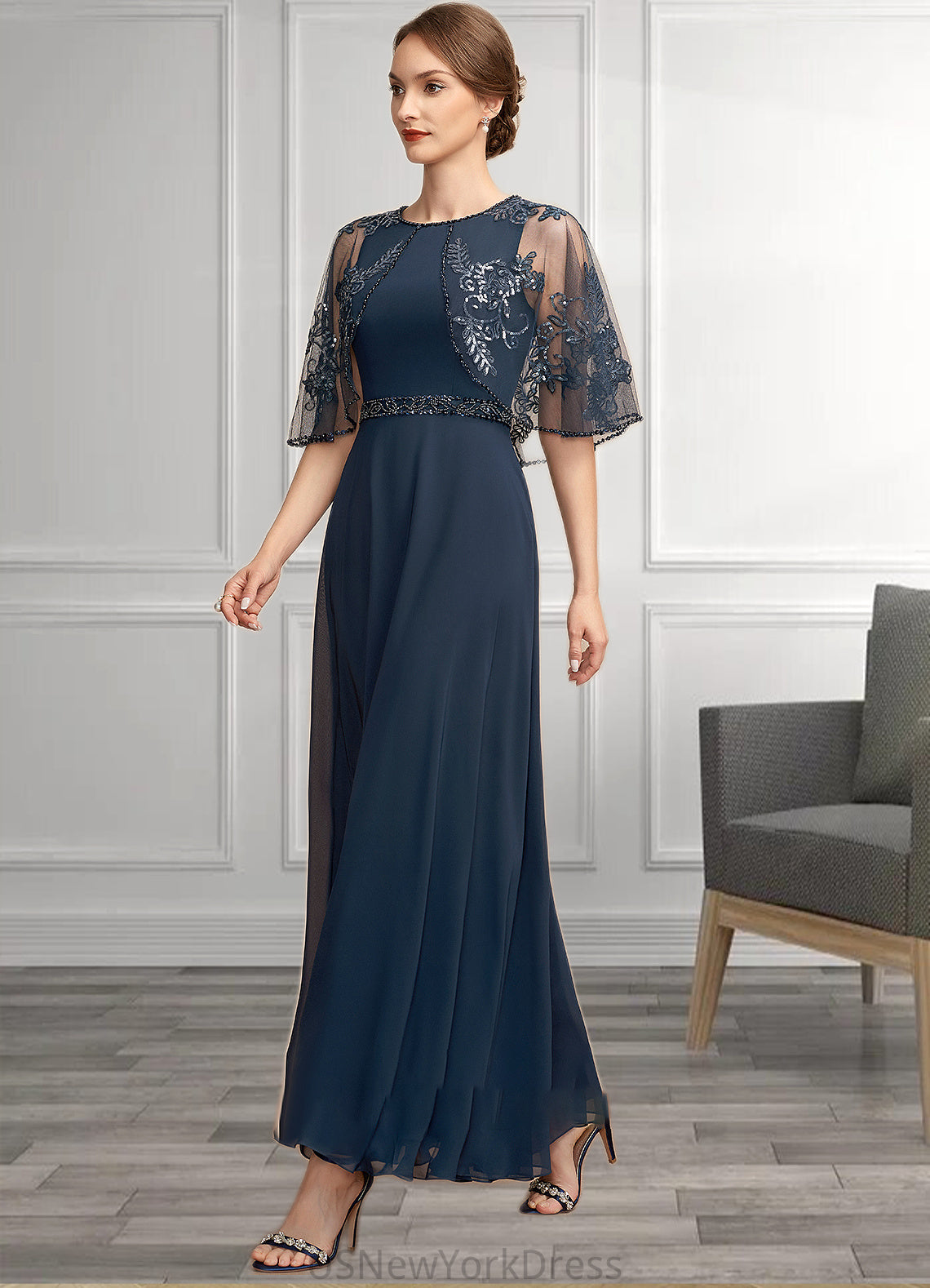 Libby A-Line Scoop Neck Ankle-Length Chiffon Lace Mother of the Bride Dress With Beading Sequins DJ126P0014892