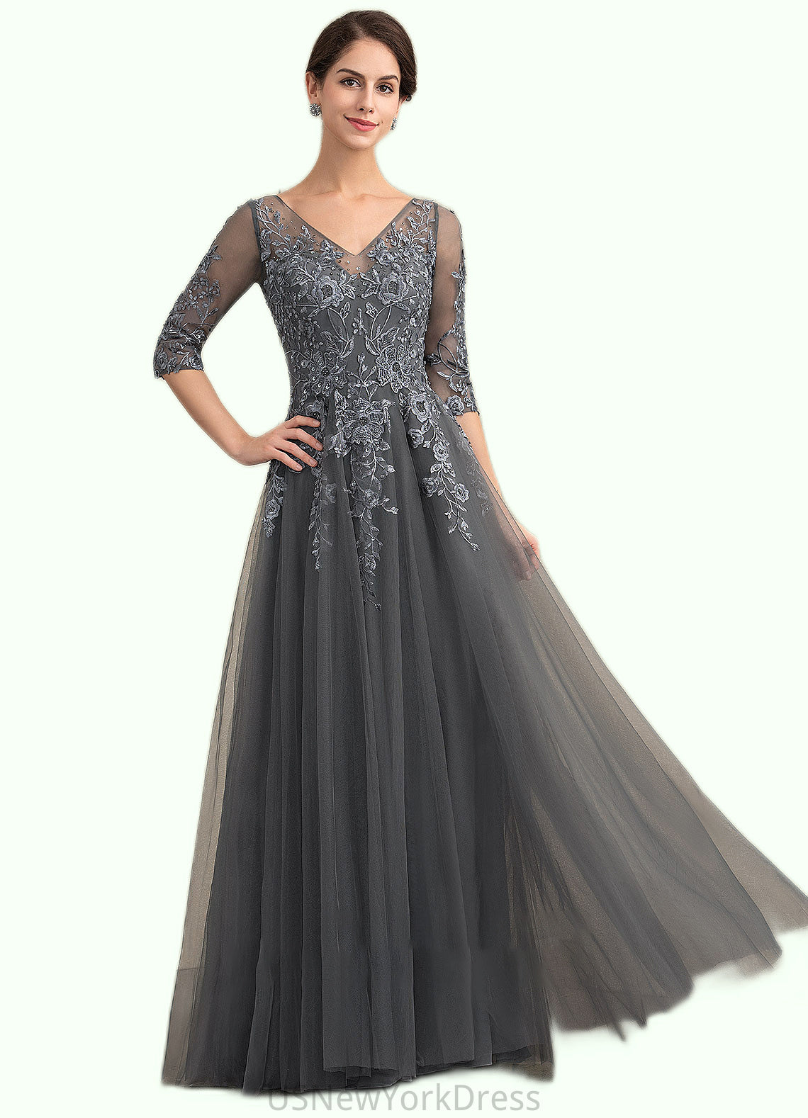 Mattie A-Line V-neck Floor-Length Tulle Lace Mother of the Bride Dress With Beading Sequins DJ126P0014895