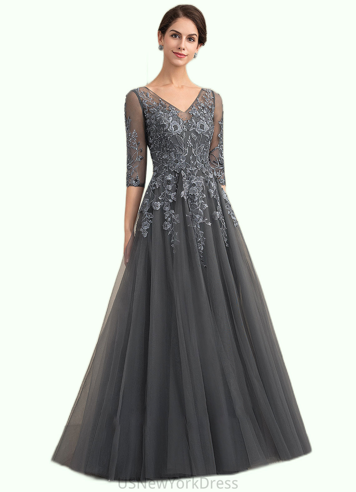 Mattie A-Line V-neck Floor-Length Tulle Lace Mother of the Bride Dress With Beading Sequins DJ126P0014895