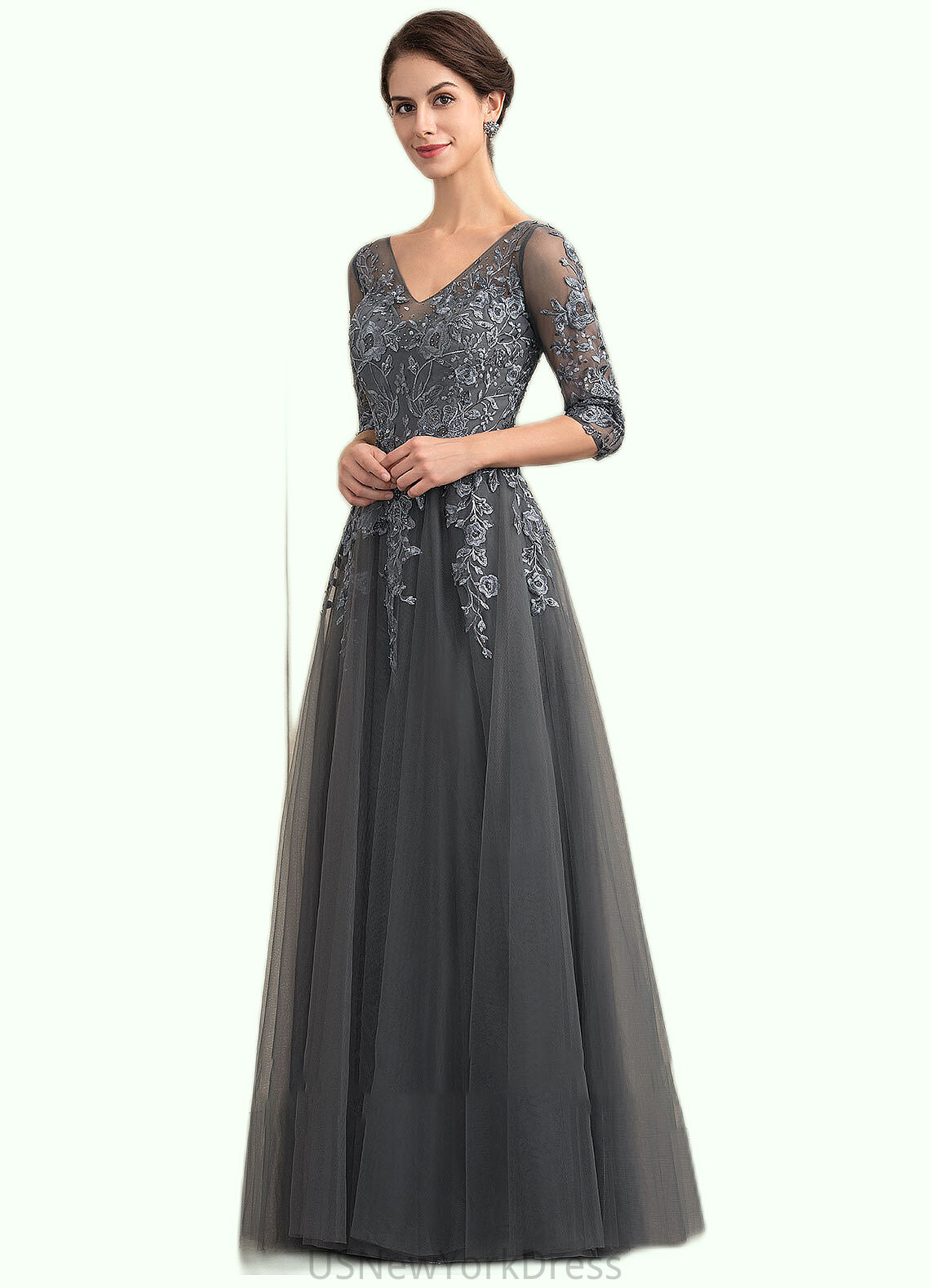 Mattie A-Line V-neck Floor-Length Tulle Lace Mother of the Bride Dress With Beading Sequins DJ126P0014895