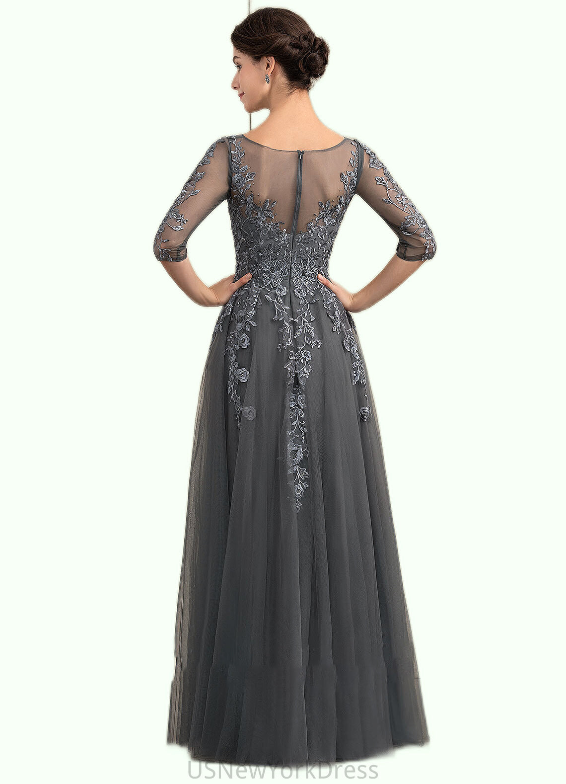 Mattie A-Line V-neck Floor-Length Tulle Lace Mother of the Bride Dress With Beading Sequins DJ126P0014895