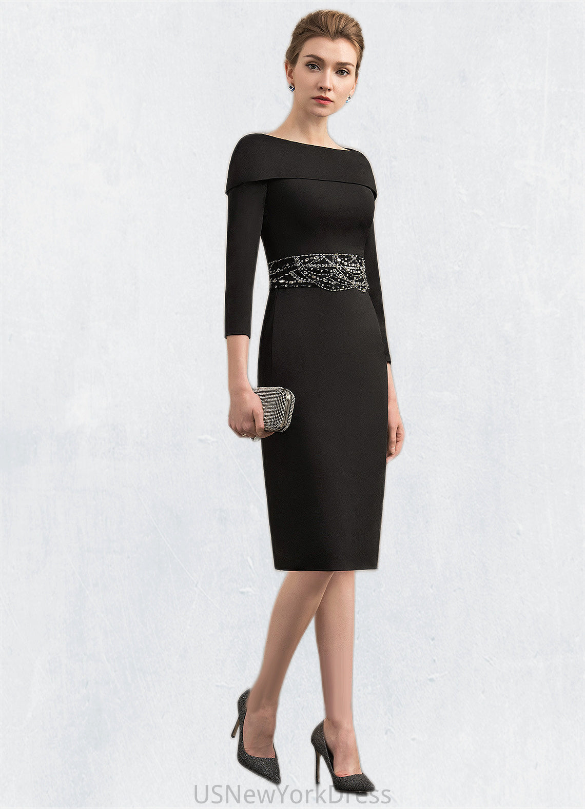 Perla Sheath/Column Off-the-Shoulder Knee-Length Jersey Mother of the Bride Dress With Beading Sequins DJ126P0014897