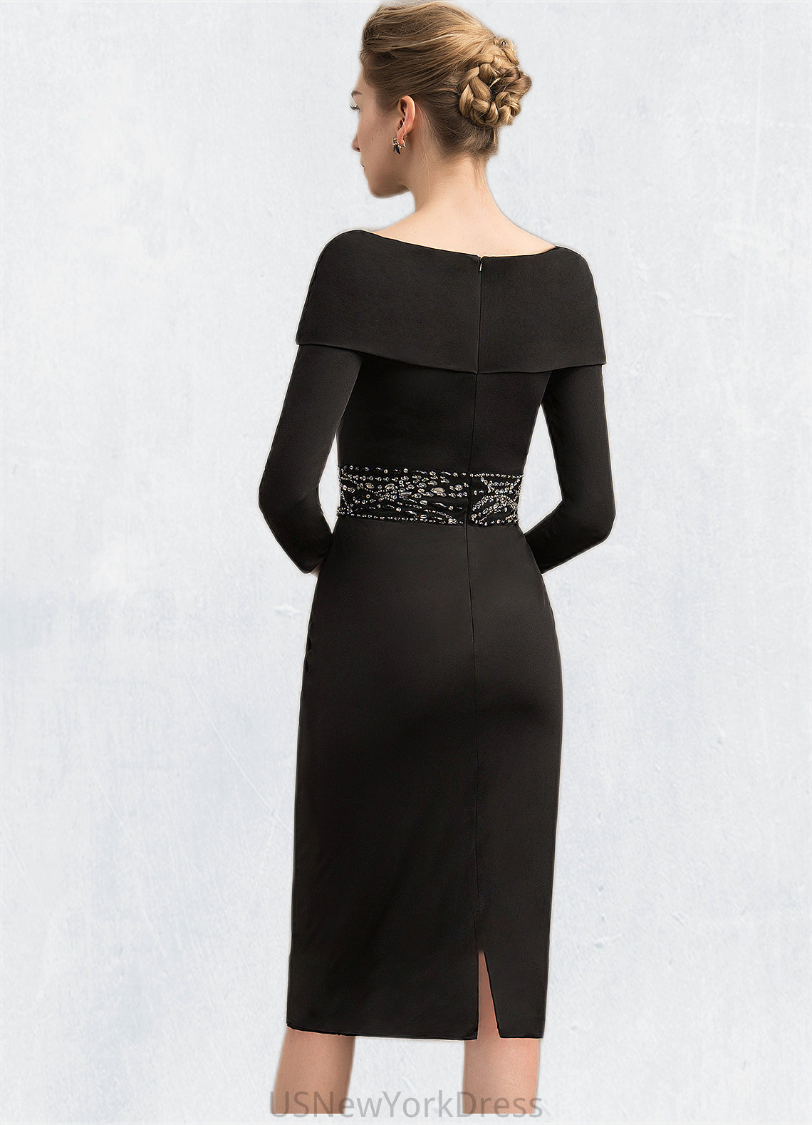 Perla Sheath/Column Off-the-Shoulder Knee-Length Jersey Mother of the Bride Dress With Beading Sequins DJ126P0014897