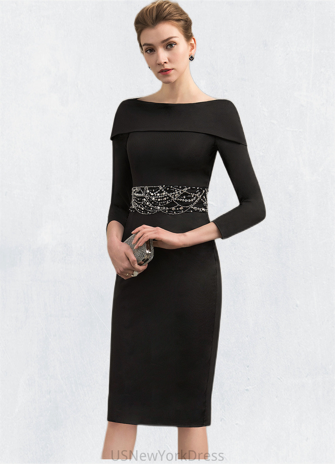 Perla Sheath/Column Off-the-Shoulder Knee-Length Jersey Mother of the Bride Dress With Beading Sequins DJ126P0014897