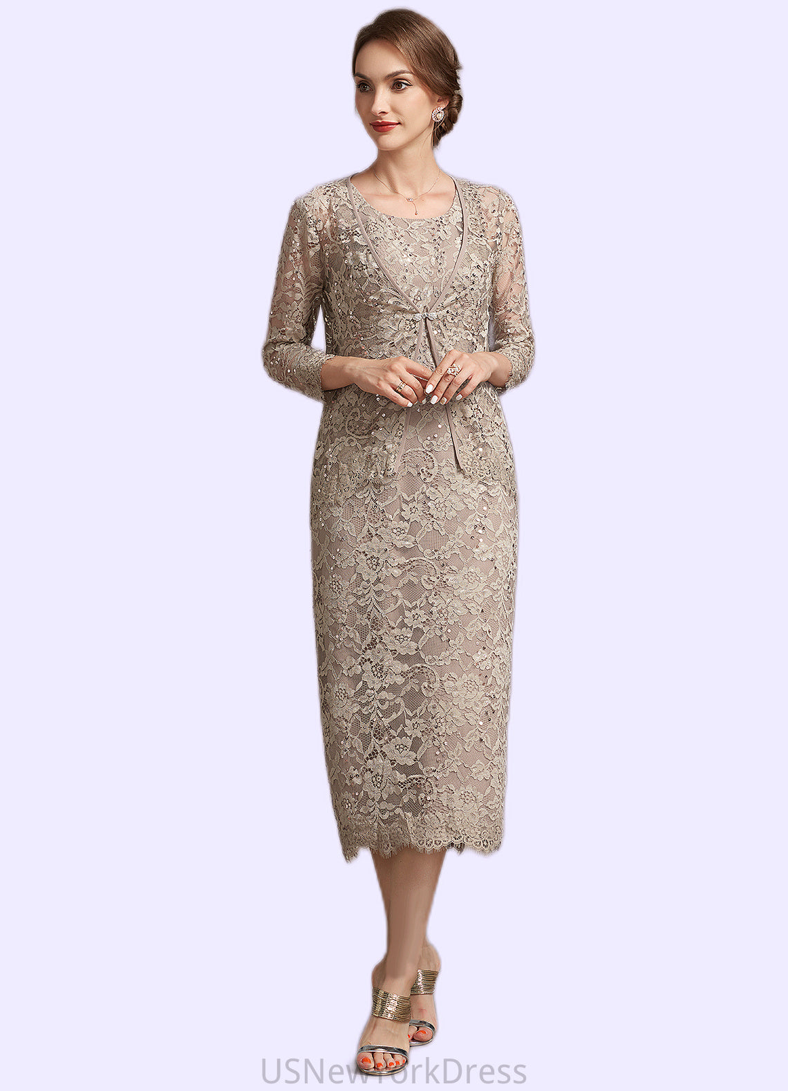 Katharine Sheath/Column Scoop Neck Tea-Length Lace Mother of the Bride Dress With Sequins DJ126P0014898