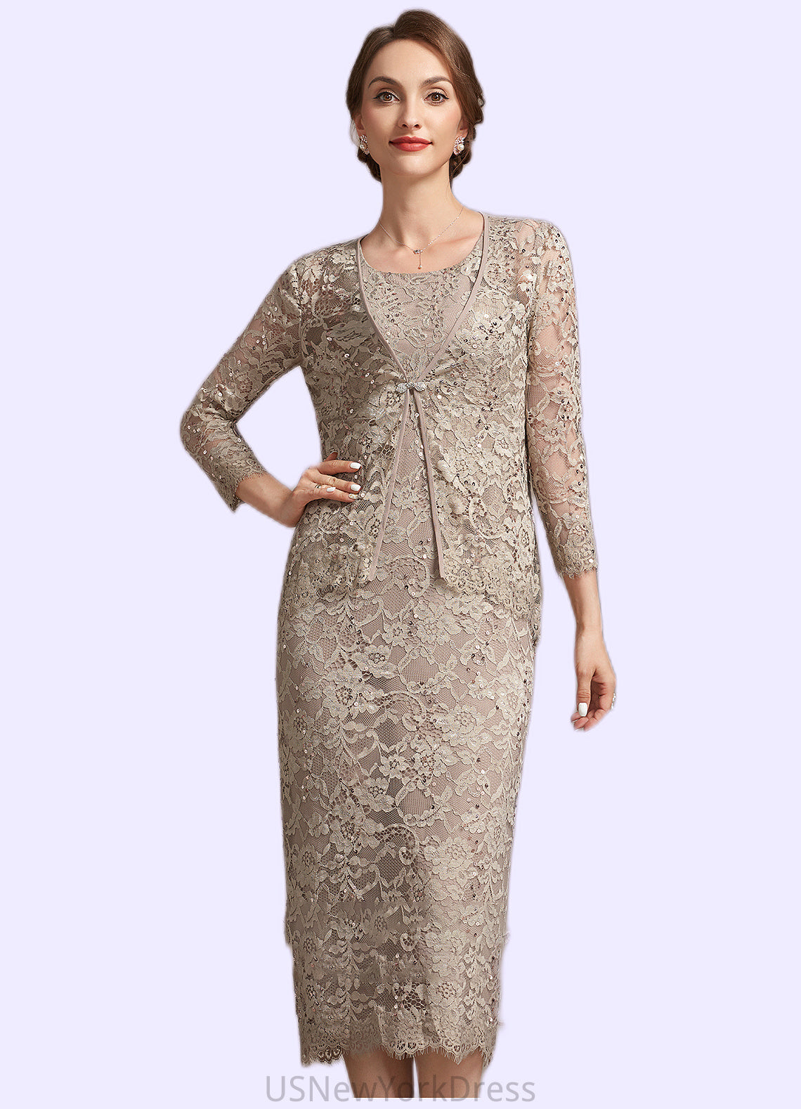 Katharine Sheath/Column Scoop Neck Tea-Length Lace Mother of the Bride Dress With Sequins DJ126P0014898