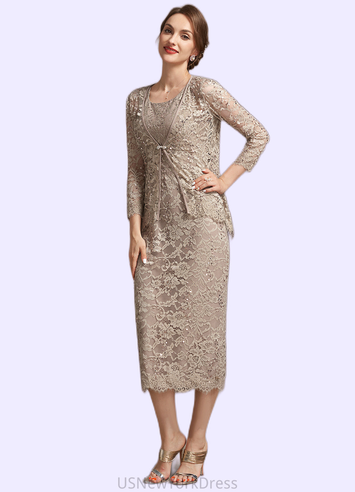 Katharine Sheath/Column Scoop Neck Tea-Length Lace Mother of the Bride Dress With Sequins DJ126P0014898