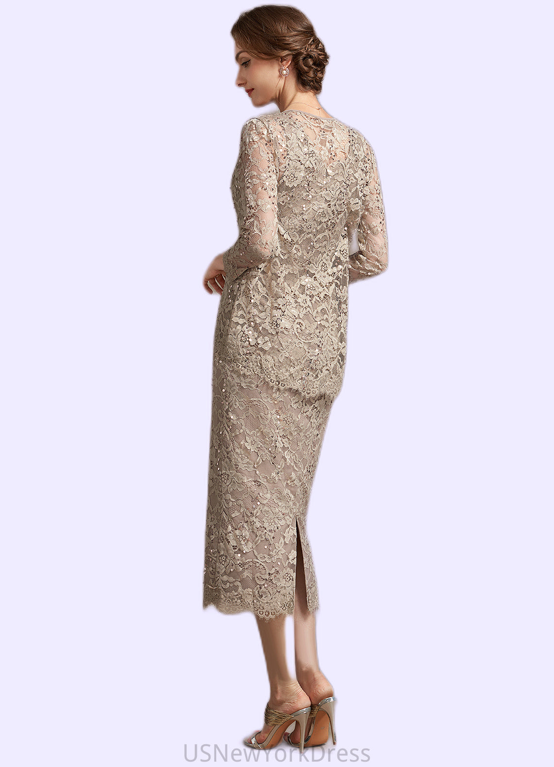 Katharine Sheath/Column Scoop Neck Tea-Length Lace Mother of the Bride Dress With Sequins DJ126P0014898