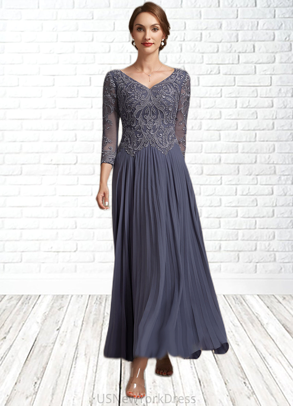 Hayley A-Line V-neck Ankle-Length Chiffon Lace Mother of the Bride Dress DJ126P0014899