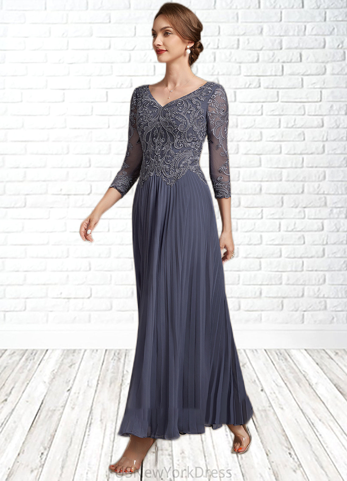 Hayley A-Line V-neck Ankle-Length Chiffon Lace Mother of the Bride Dress DJ126P0014899