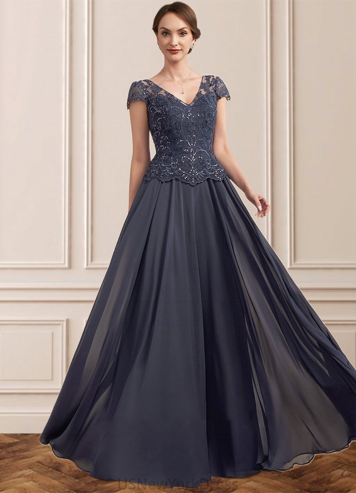 Millicent A-Line V-neck Floor-Length Chiffon Lace Mother of the Bride Dress With Sequins DJ126P0014901