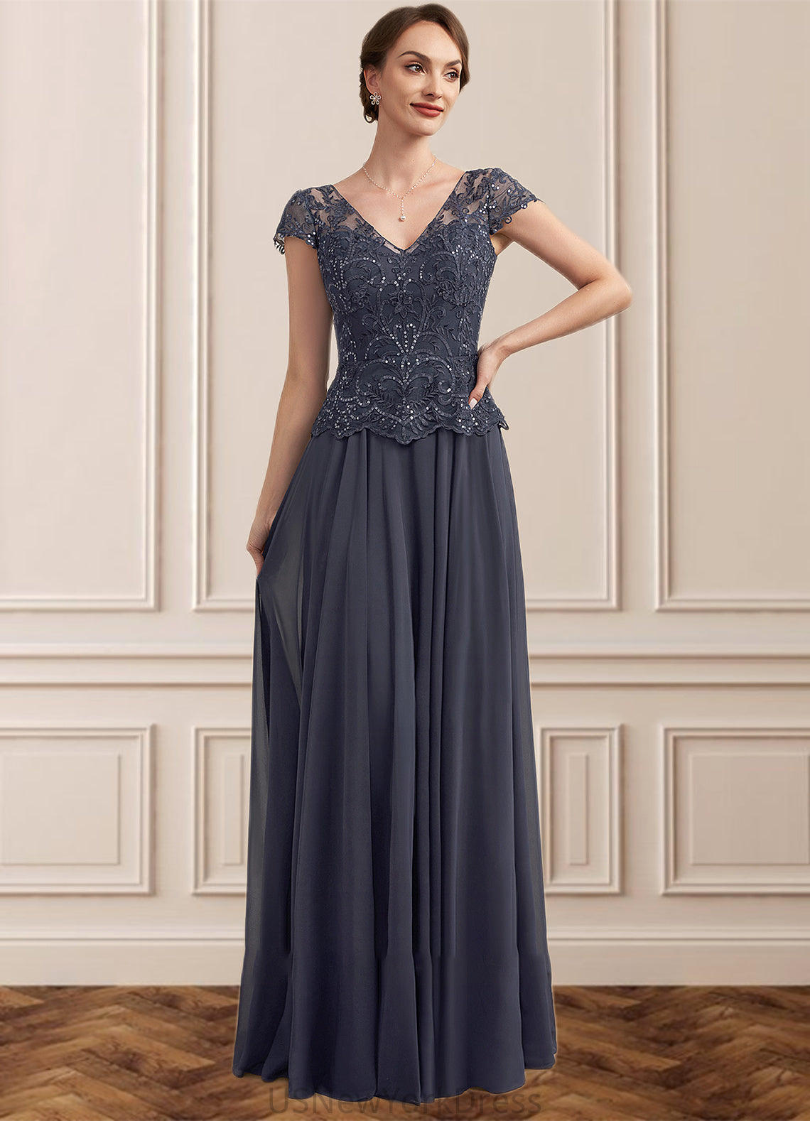 Millicent A-Line V-neck Floor-Length Chiffon Lace Mother of the Bride Dress With Sequins DJ126P0014901