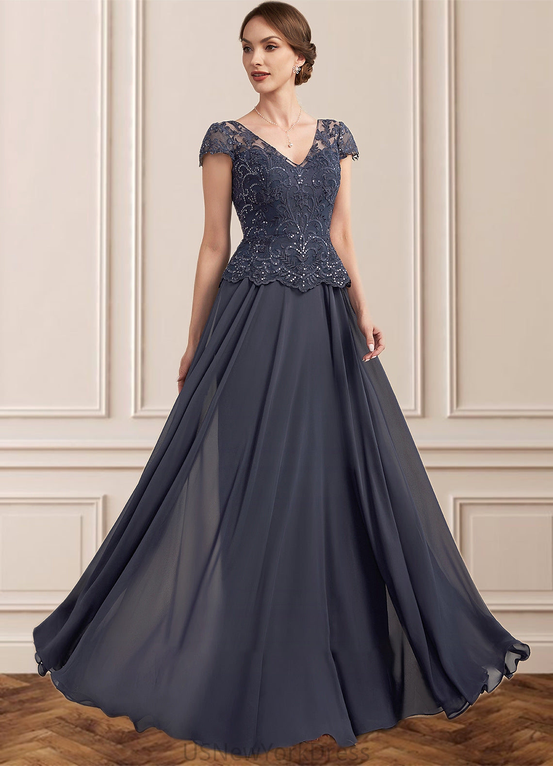 Millicent A-Line V-neck Floor-Length Chiffon Lace Mother of the Bride Dress With Sequins DJ126P0014901