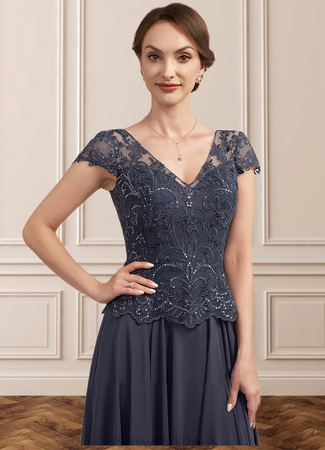 Millicent A-Line V-neck Floor-Length Chiffon Lace Mother of the Bride Dress With Sequins DJ126P0014901