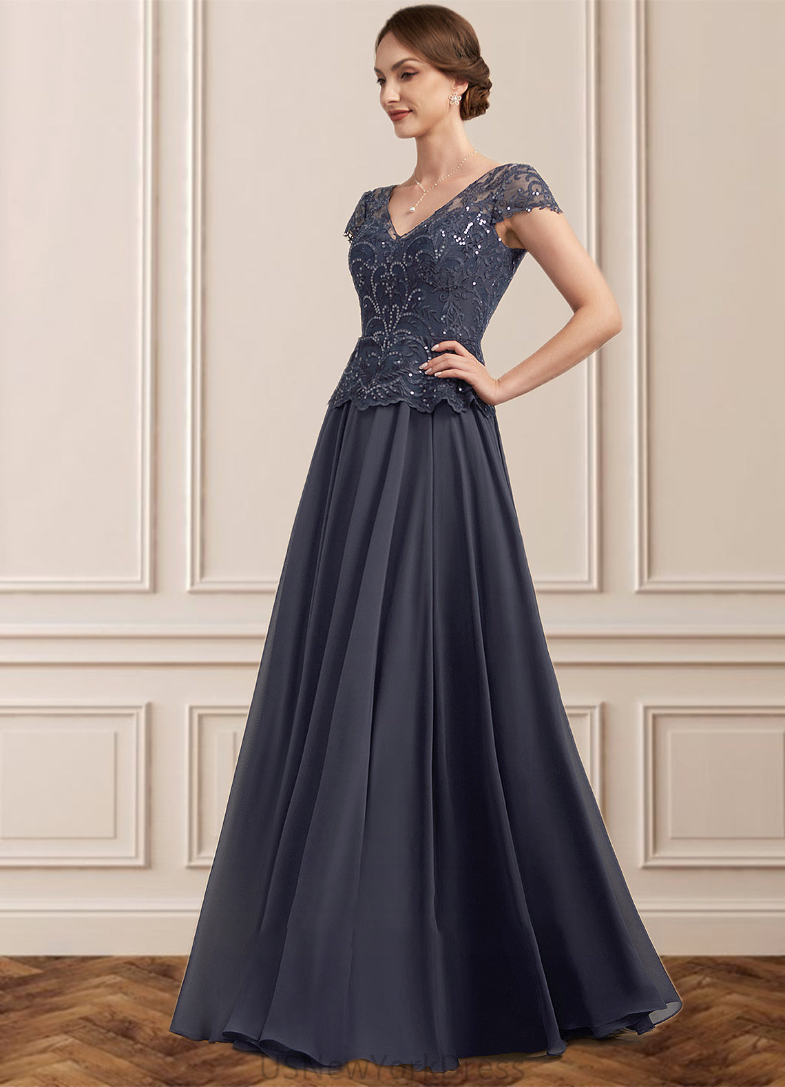 Millicent A-Line V-neck Floor-Length Chiffon Lace Mother of the Bride Dress With Sequins DJ126P0014901