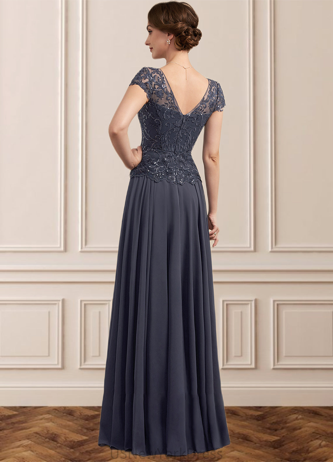 Millicent A-Line V-neck Floor-Length Chiffon Lace Mother of the Bride Dress With Sequins DJ126P0014901