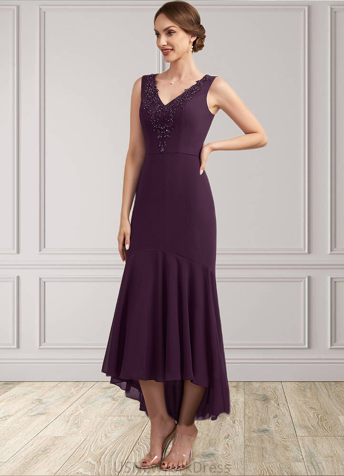 Ruby Trumpet/Mermaid V-neck Asymmetrical Chiffon Mother of the Bride Dress With Lace Beading Sequins DJ126P0014902