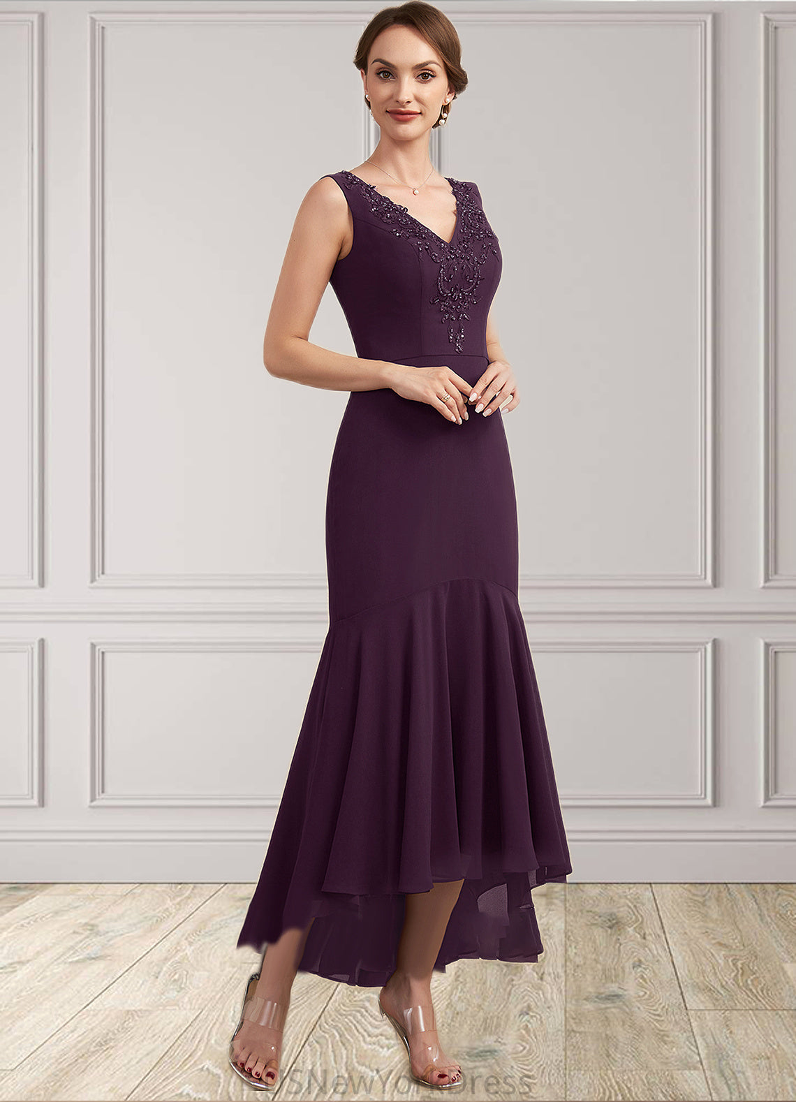 Ruby Trumpet/Mermaid V-neck Asymmetrical Chiffon Mother of the Bride Dress With Lace Beading Sequins DJ126P0014902