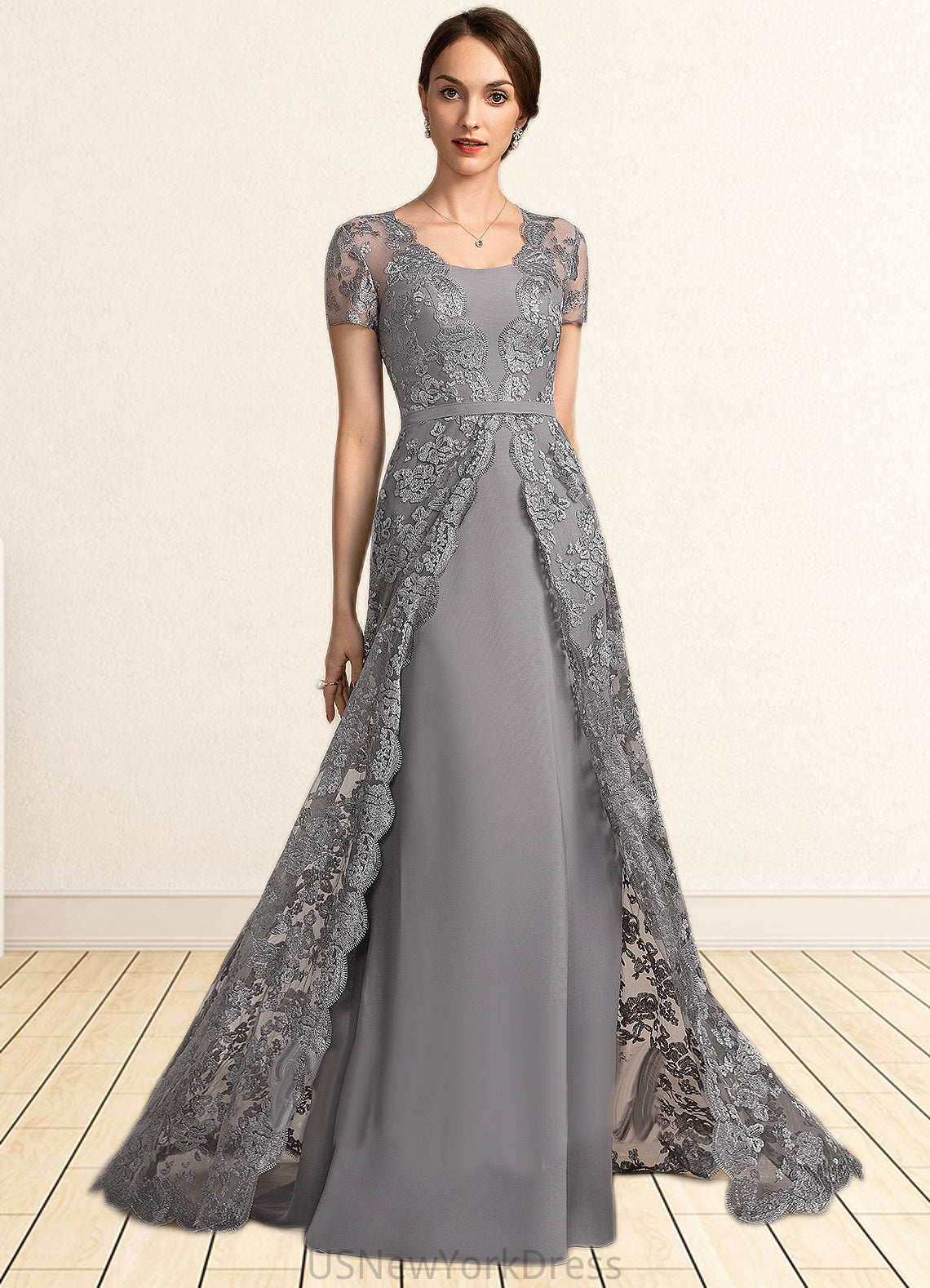 Alexa A-Line Square Neckline Sweep Train Chiffon Lace Mother of the Bride Dress DJ126P0014903