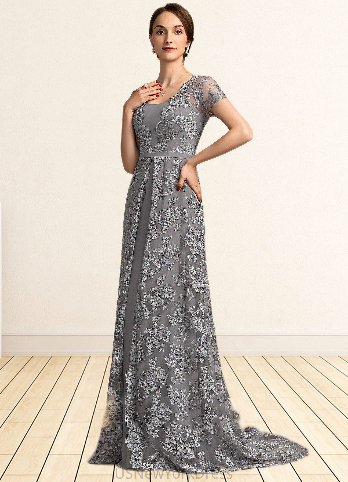 Alexa A-Line Square Neckline Sweep Train Chiffon Lace Mother of the Bride Dress DJ126P0014903