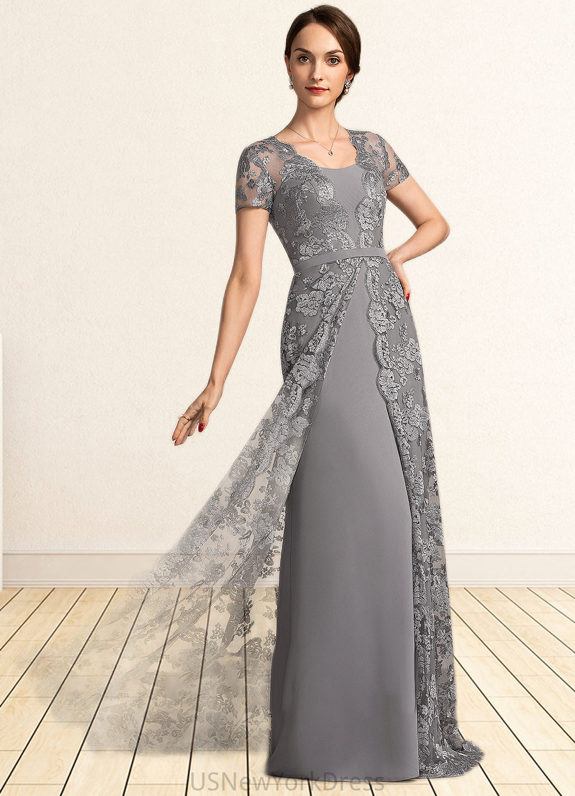 Alexa A-Line Square Neckline Sweep Train Chiffon Lace Mother of the Bride Dress DJ126P0014903