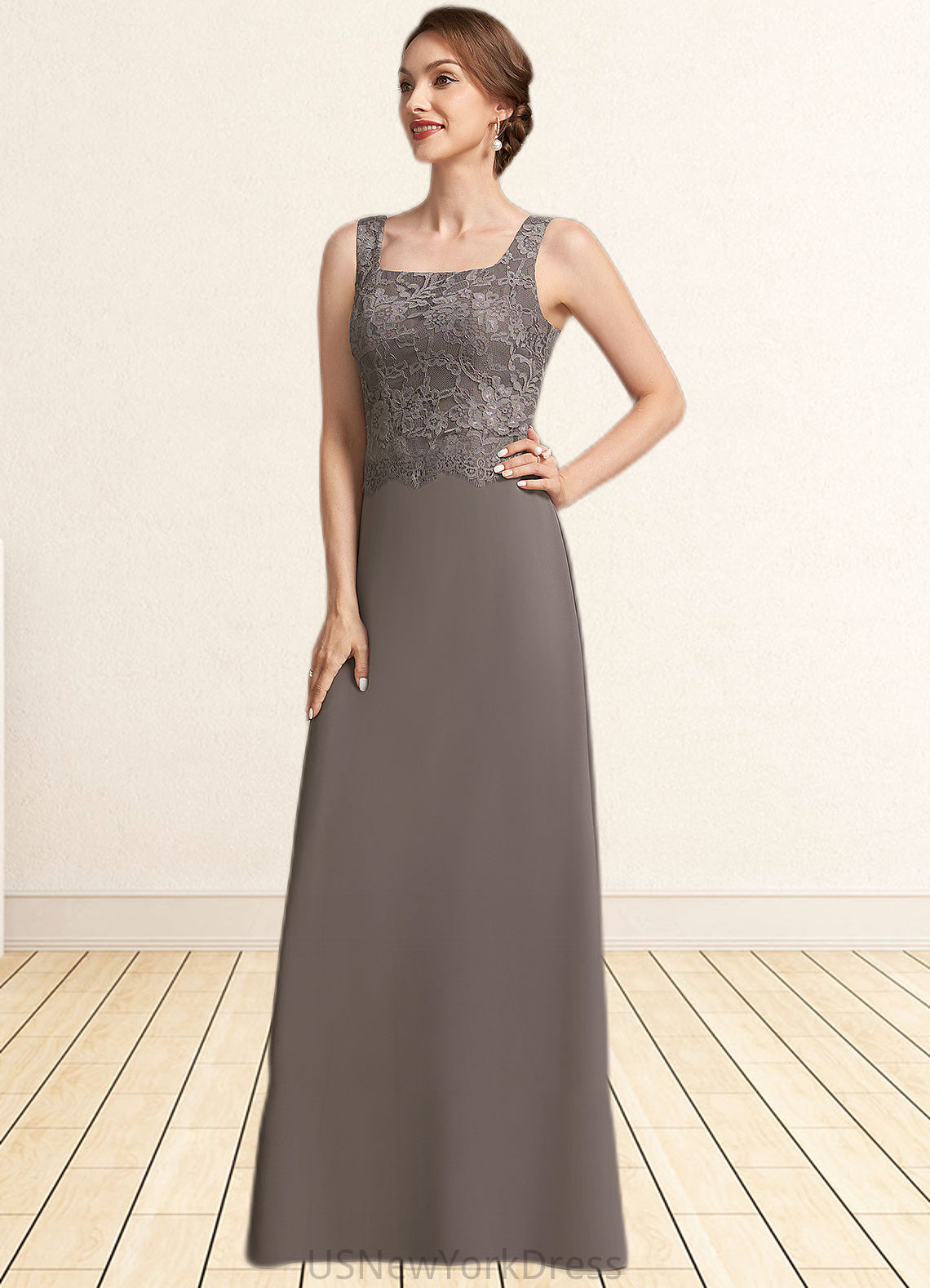 Miley A-Line Square Neckline Floor-Length Chiffon Lace Mother of the Bride Dress DJ126P0014904