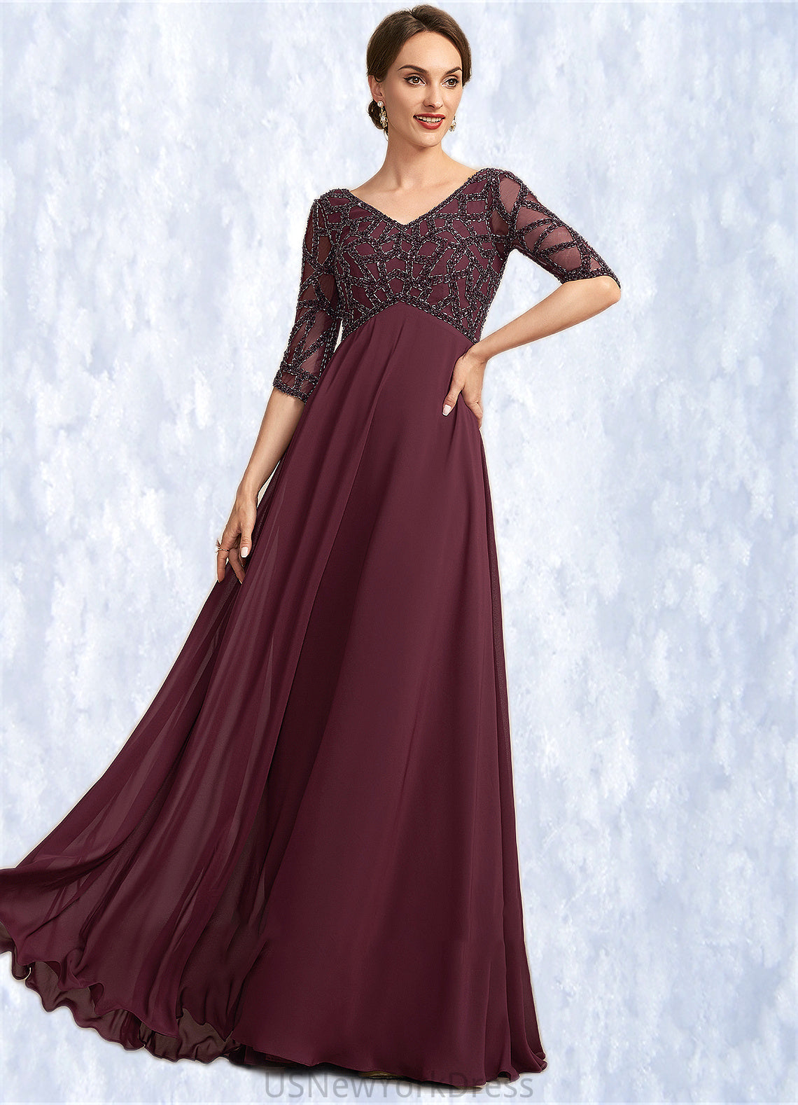 Tianna Empire V-neck Floor-Length Chiffon Mother of the Bride Dress With Beading DJ126P0014906