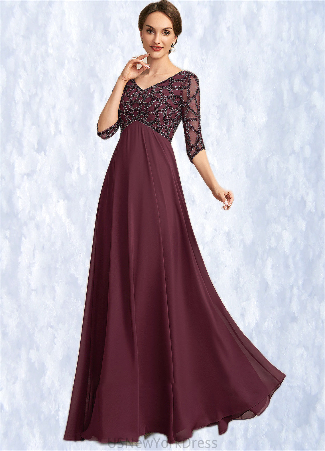 Tianna Empire V-neck Floor-Length Chiffon Mother of the Bride Dress With Beading DJ126P0014906