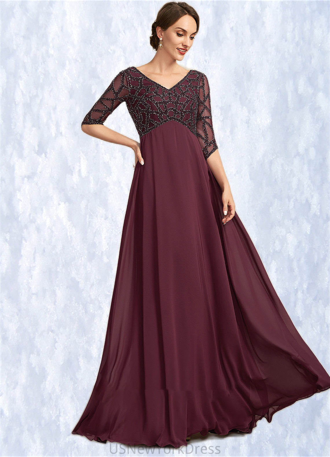 Tianna Empire V-neck Floor-Length Chiffon Mother of the Bride Dress With Beading DJ126P0014906