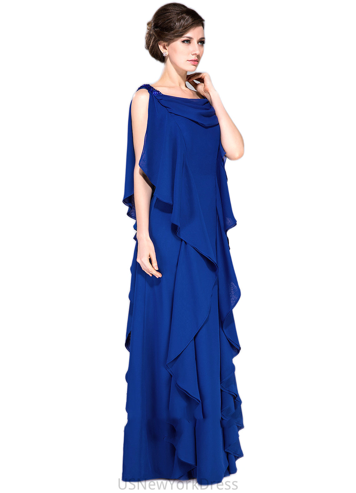 Aurora A-Line Cowl Neck Floor-Length Chiffon Mother of the Bride Dress With Beading Sequins Cascading Ruffles DJ126P0014907