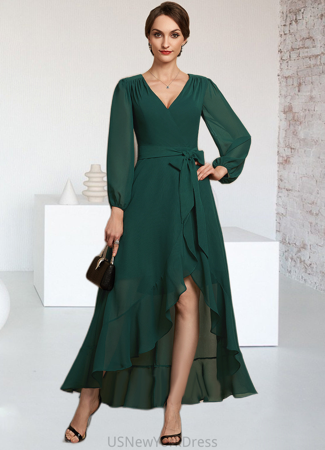 Leia A-Line V-neck Asymmetrical Chiffon Mother of the Bride Dress With Bow(s) Cascading Ruffles DJ126P0014909