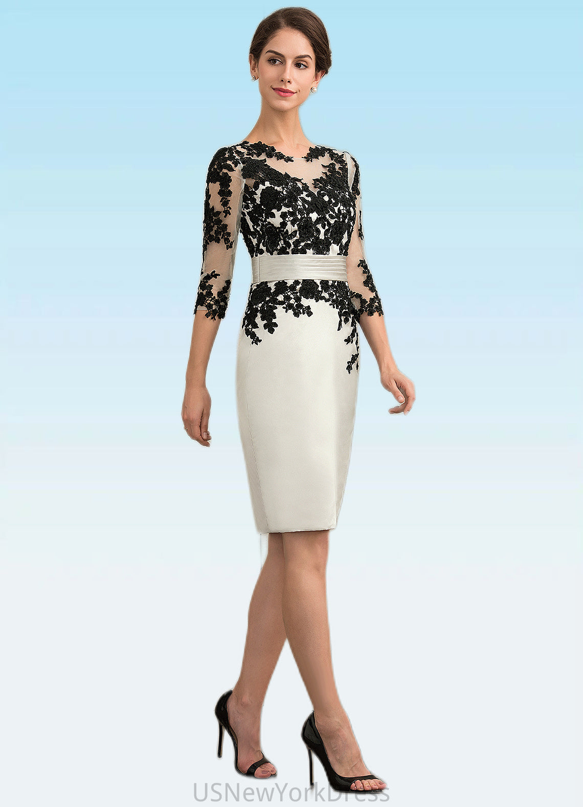 LuLu Sheath/Column Scoop Neck Knee-Length Satin Lace Mother of the Bride Dress With Beading Sequins DJ126P0014916