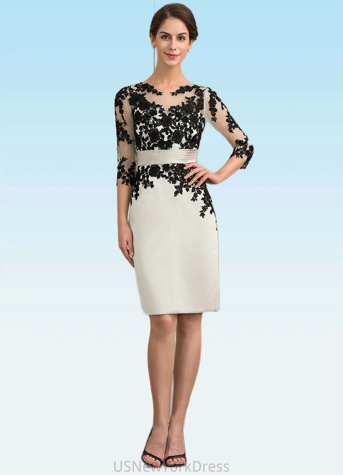 LuLu Sheath/Column Scoop Neck Knee-Length Satin Lace Mother of the Bride Dress With Beading Sequins DJ126P0014916