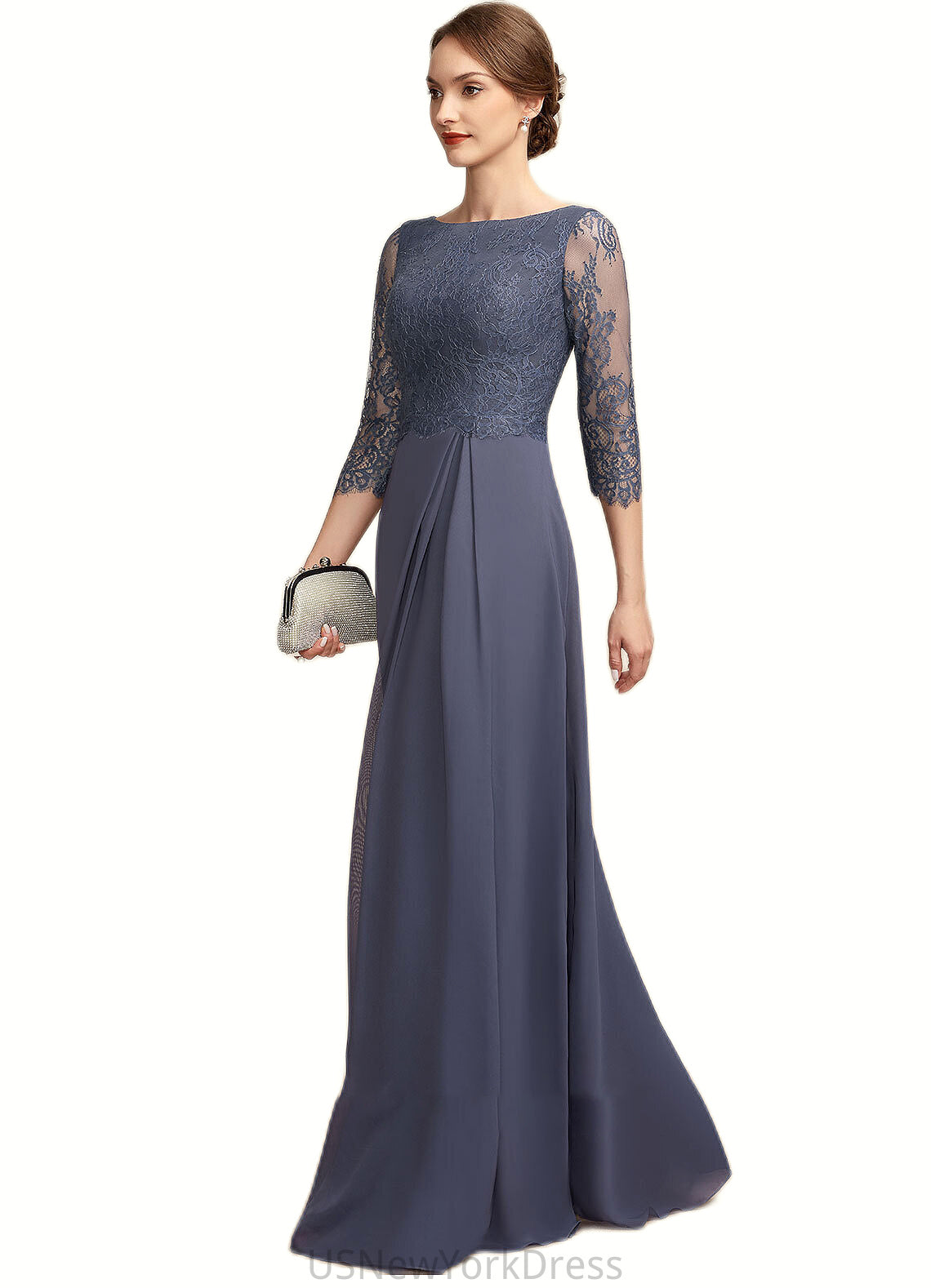 Charlee A-Line Scoop Neck Floor-Length Chiffon Lace Mother of the Bride Dress With Ruffle DJ126P0014917